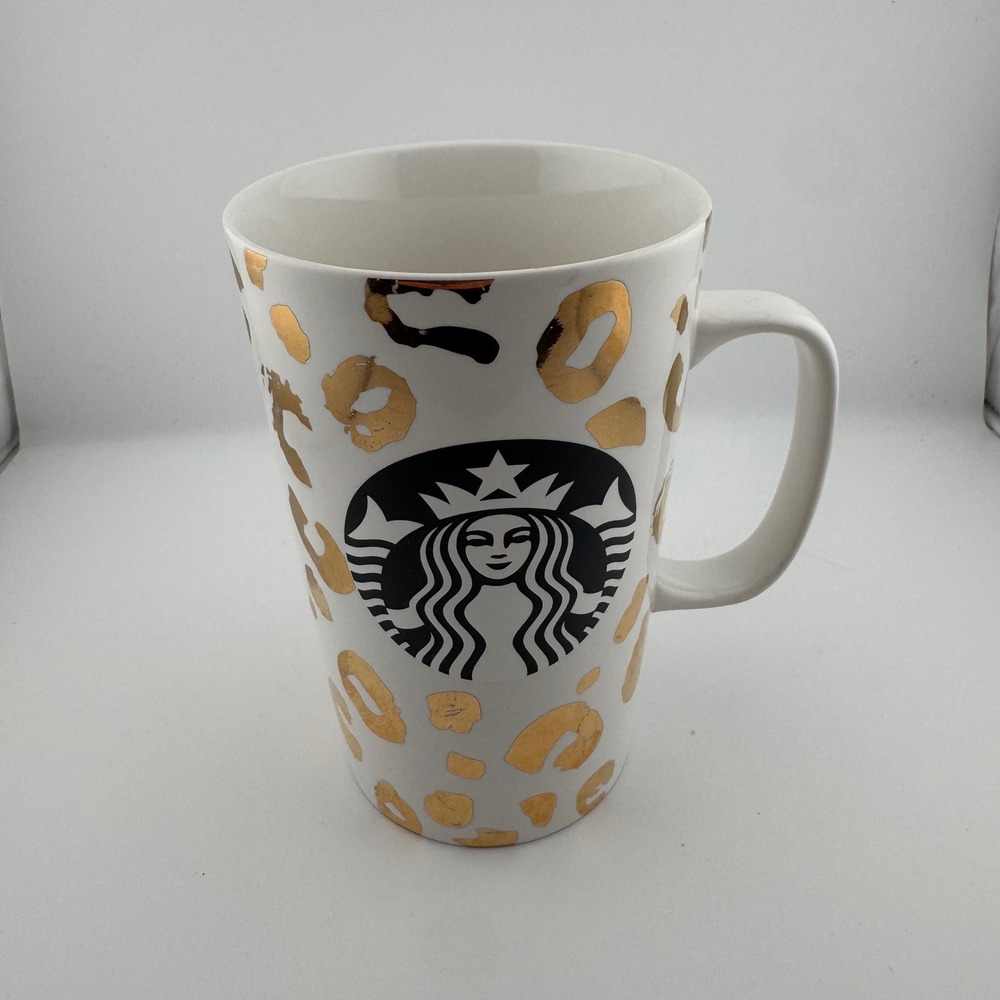 Starbucks Coffee Mug 16oz White Gold Metallic Leopard Print Siren Logo 2015